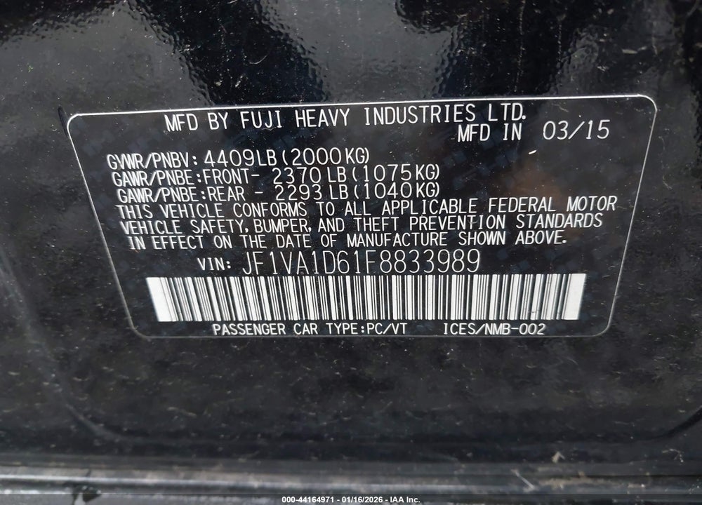 2015 SUBARU WRX PREMIUM VIN: JF1VA1D61F8833989