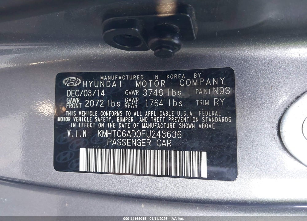 2015 HYUNDAI VELOSTER VIN: KMHTC6AD0FU243636