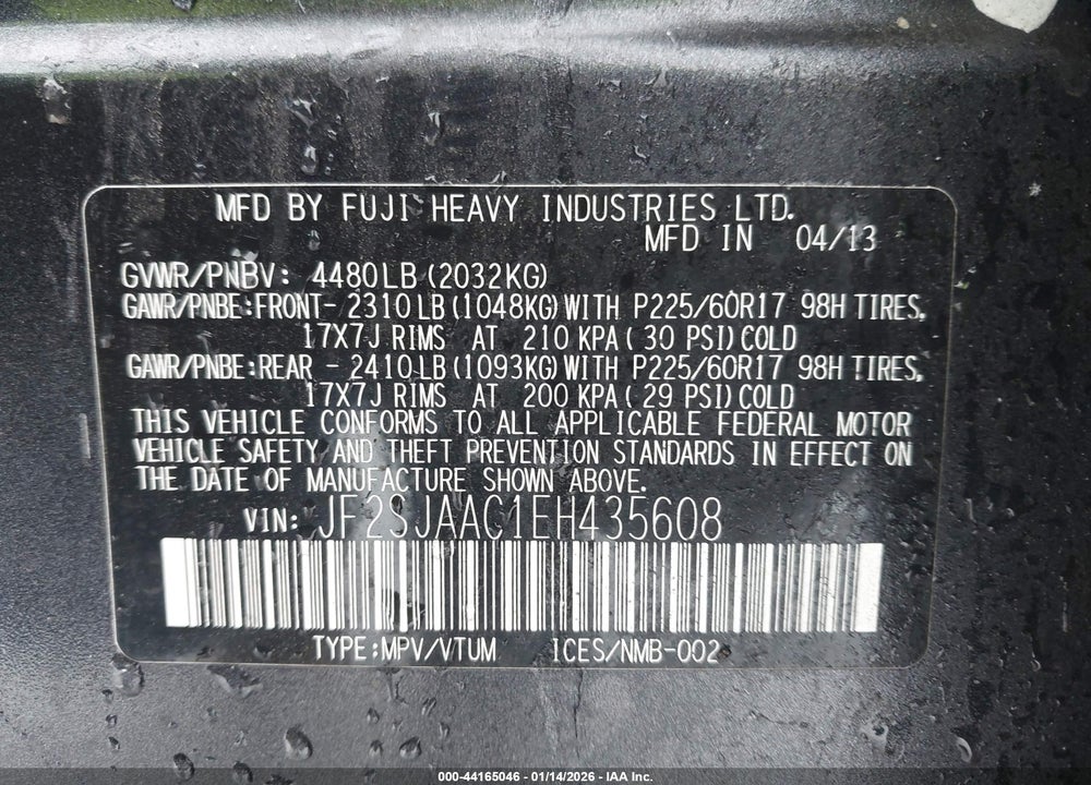 2014 SUBARU FORESTER 2.5I VIN: JF2SJAAC1EH435608