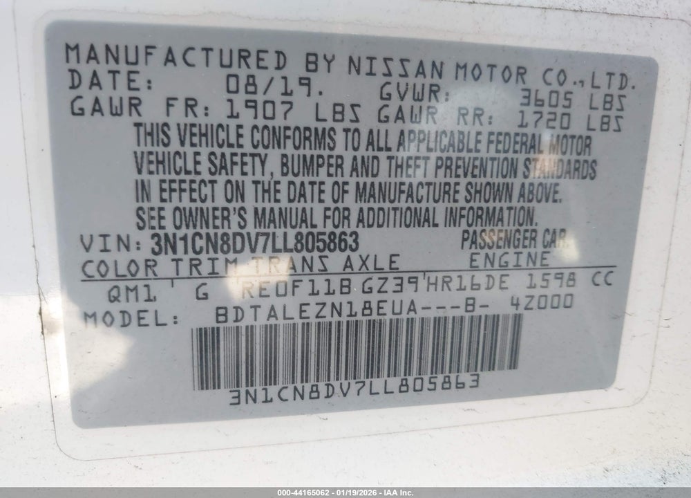 2020 NISSAN VERSA S XTRONIC CVT VIN: 3N1CN8DV7LL805863