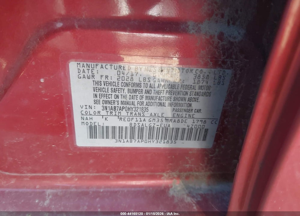 2017 NISSAN SENTRA SL VIN: 3N1AB7AP0HY321835