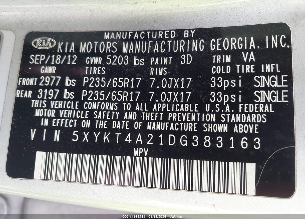 2013 KIA SORENTO LX V6 VIN: 5XYKT4A21DG383163