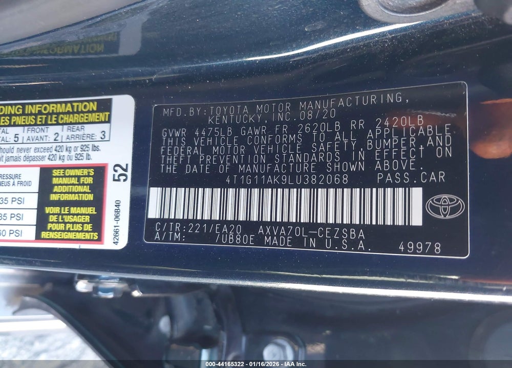 2020 TOYOTA CAMRY SE VIN: 4T1G11AK9LU382068