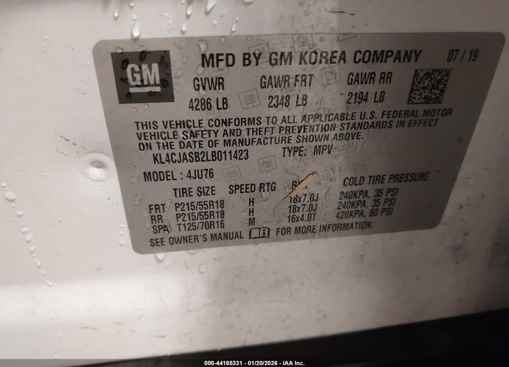 2020 BUICK ENCORE FWD PREFERRED VIN: KL4CJASB2LB011423