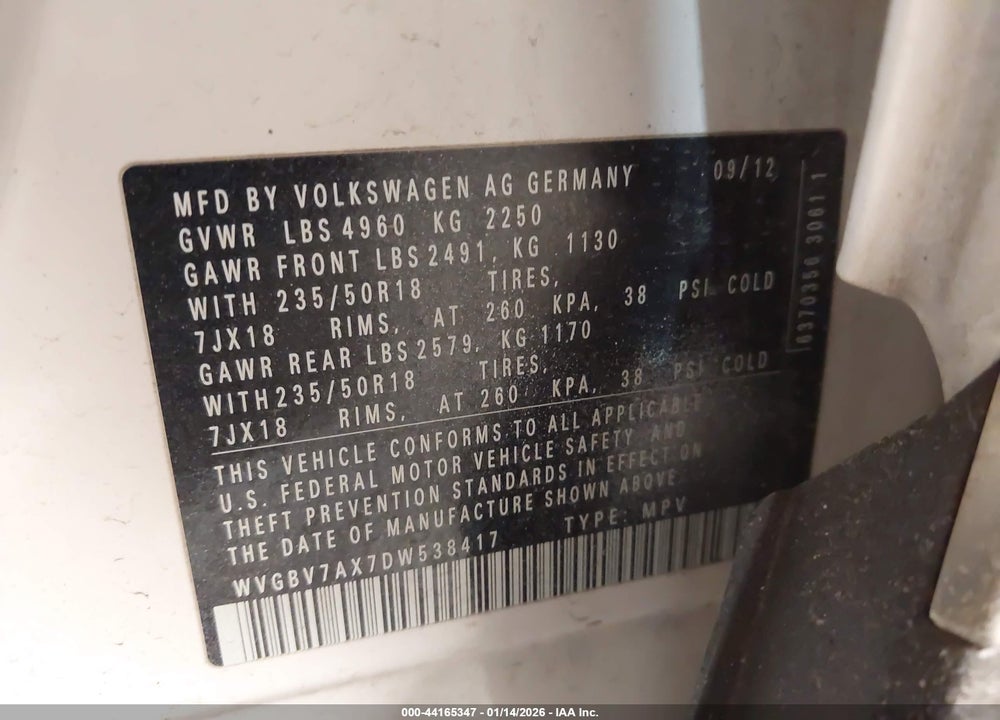 2013 VOLKSWAGEN TIGUAN S/SE/SEL VIN: WVGBV7AX7DW538417