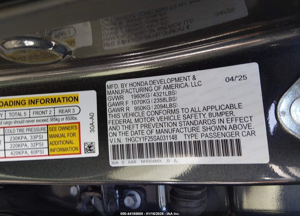 2025 HONDA ACCORD LX VIN: 1HGCY1F25SA031148