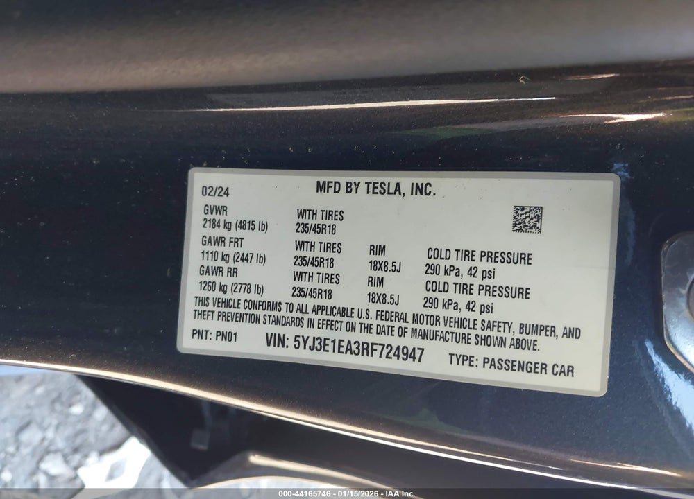 2024 TESLA MODEL 3 LONG RANGE DUAL MOTOR ALL-WHEEL DRIVE/REAR-WHEEL DRIVE VIN: 5YJ3E1EA3RF724947