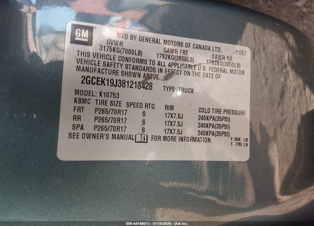 2008 CHEVROLET SILVERADO 1500 LT2 VIN: 2GCEK19J381213428