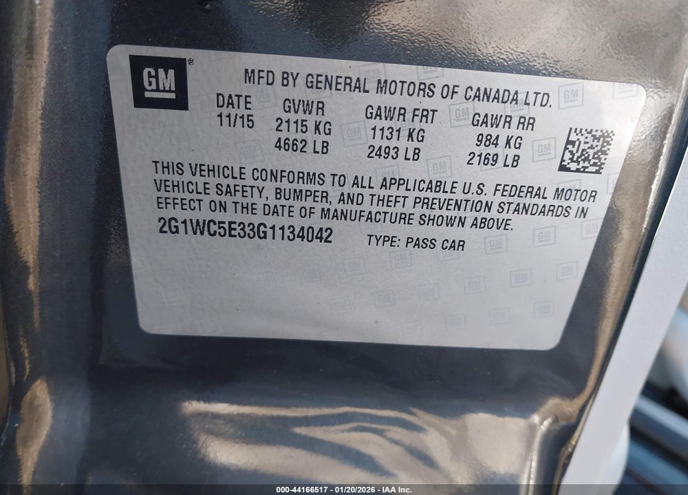 2016 CHEVROLET IMPALA LIMITED LTZ VIN: 2G1WC5E33G1134042