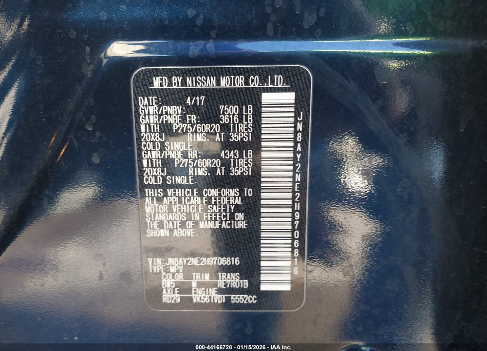 2017 NISSAN ARMADA PLATINUM VIN: JN8AY2NE2H9706816