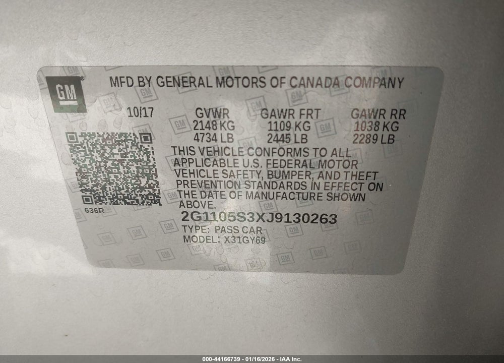 2018 CHEVROLET IMPALA 1LT VIN: 2G1105S3XJ9130263