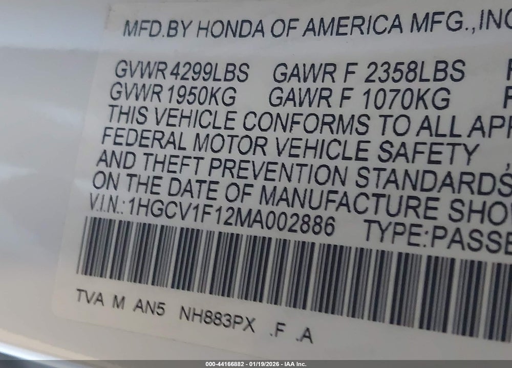 2021 HONDA ACCORD LX VIN: 1HGCV1F12MA002886