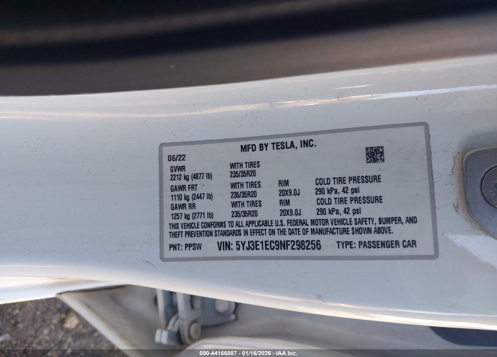2022 TESLA MODEL 3 PERFORMANCE DUAL MOTOR ALL-WHEEL DRIVE VIN: 5YJ3E1EC9NF298256