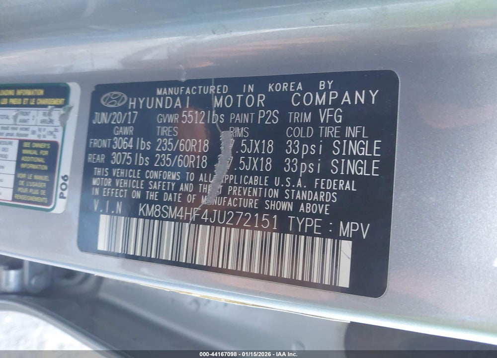 2018 HYUNDAI SANTA FE SE VIN: KM8SM4HF4JU272151