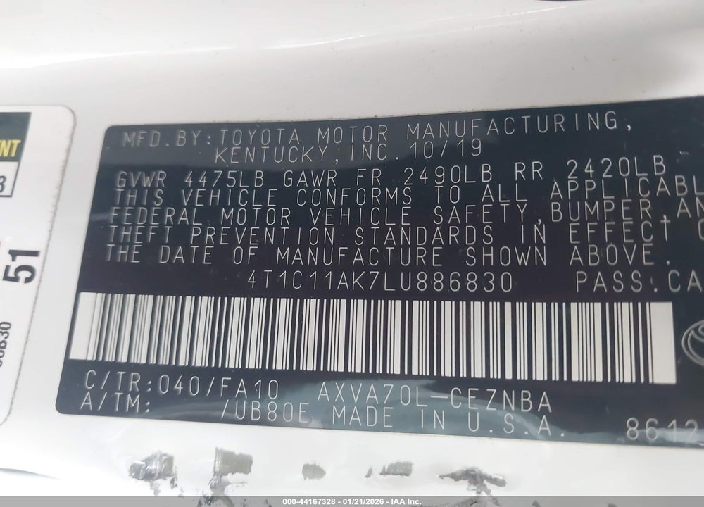 2020 TOYOTA CAMRY LE VIN: 4T1C11AK7LU886830