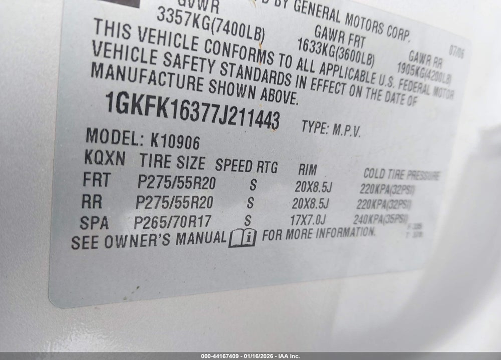 2007 GMC YUKON XL 1500 SLT VIN: 1GKFK16377J211443