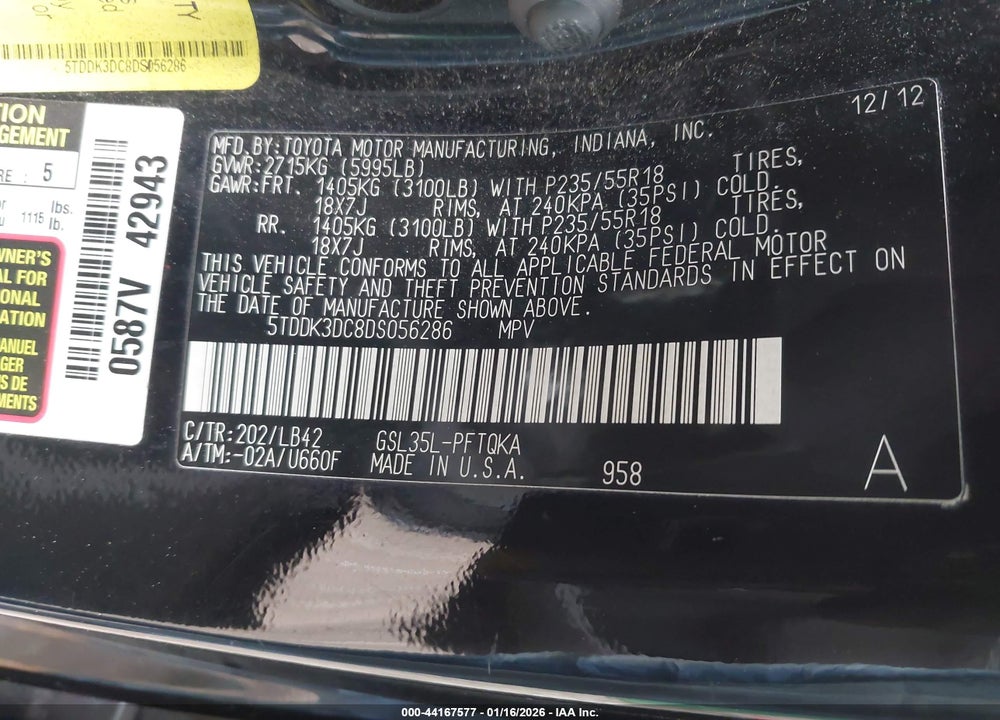 2013 TOYOTA SIENNA XLE 7 PASSENGER VIN: 5TDDK3DC8DS056286