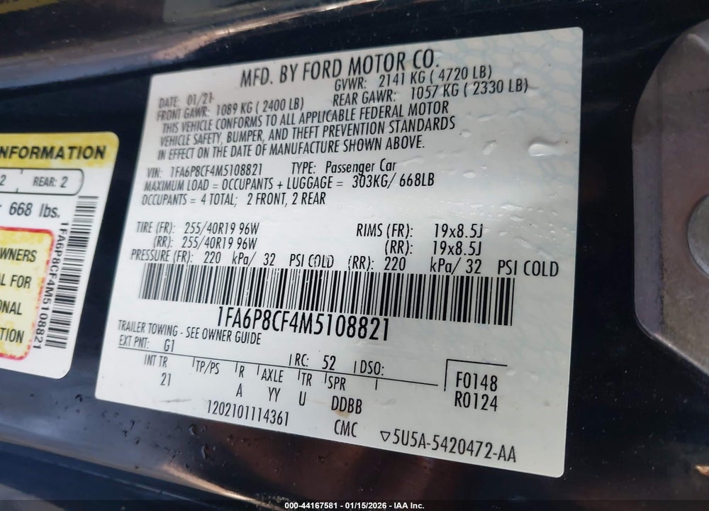 2021 FORD MUSTANG GT FASTBACK VIN: 1FA6P8CF4M5108821