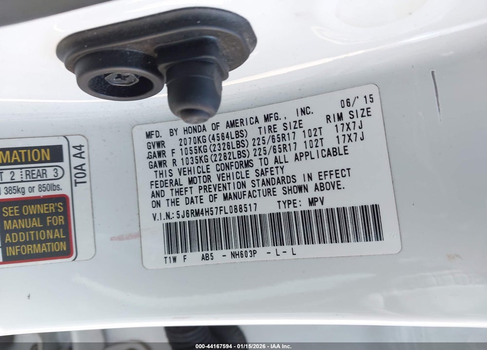 2015 HONDA CR-V EX VIN: 5J6RM4H57FL088517