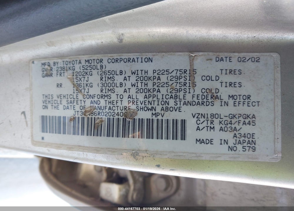 2002 TOYOTA 4RUNNER SR5 V6 VIN: JT3GN86R020240824