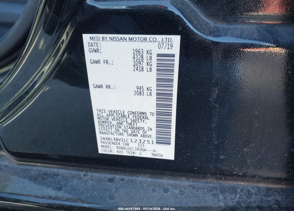 2020 NISSAN ALTIMA S FWD VIN: 1N4BL4BV1LC123251