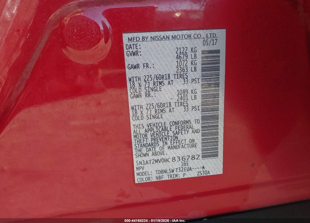 2017 NISSAN ROGUE SL VIN: 5N1AT2MV0HC836782