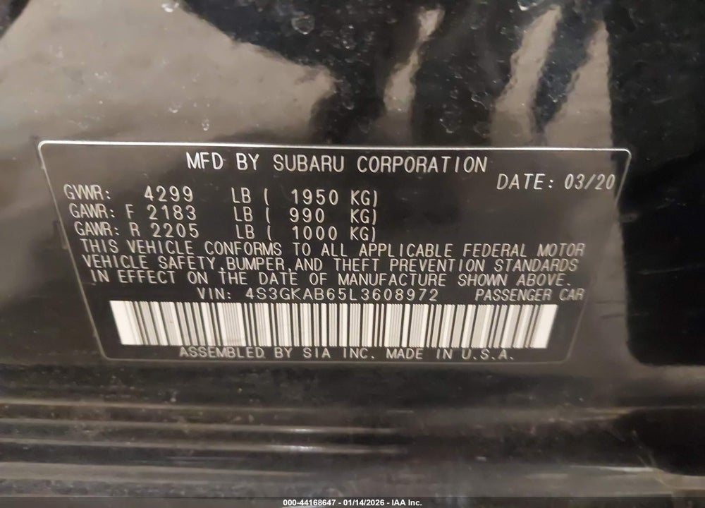 2020 SUBARU IMPREZA SEDAN VIN: 4S3GKAB65L3608972
