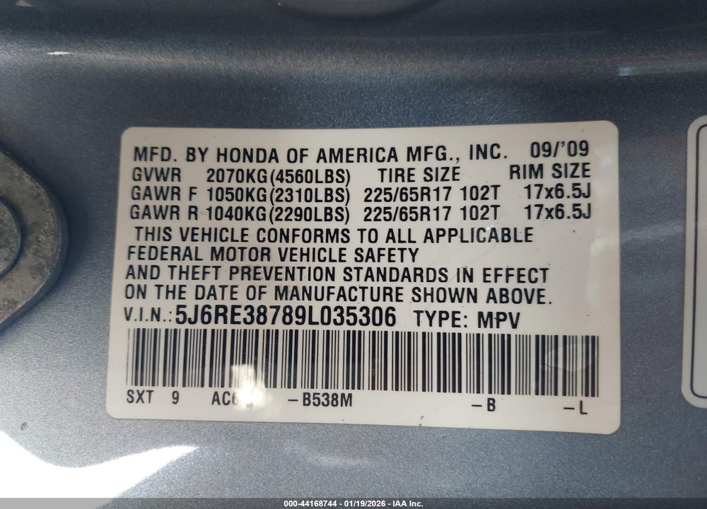 2009 HONDA CR-V EX-L VIN: 5J6RE38789L035306