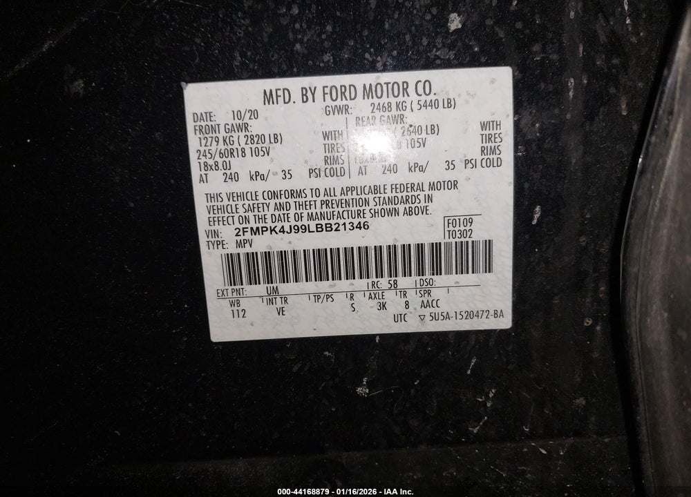 2020 FORD EDGE SEL VIN: 2FMPK4J99LBB21346