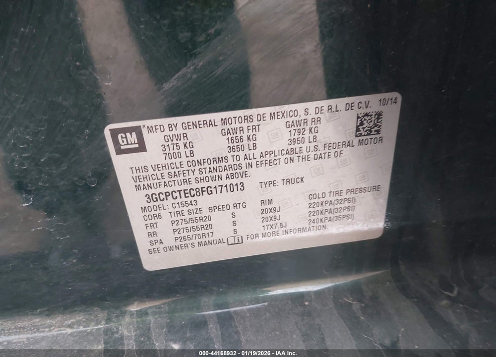 2015 CHEVROLET SILVERADO 1500 HIGH COUNTRY VIN: 3GCPCTEC8FG171013