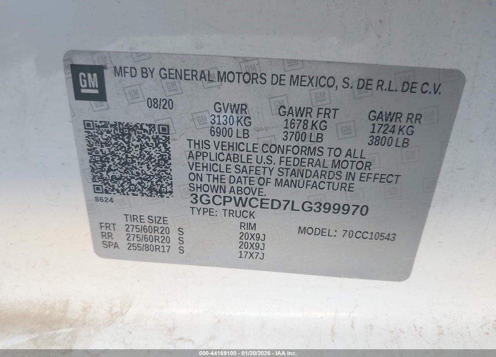 2020 CHEVROLET SILVERADO 1500 2WD  SHORT BED LT VIN: 3GCPWCED7LG399970