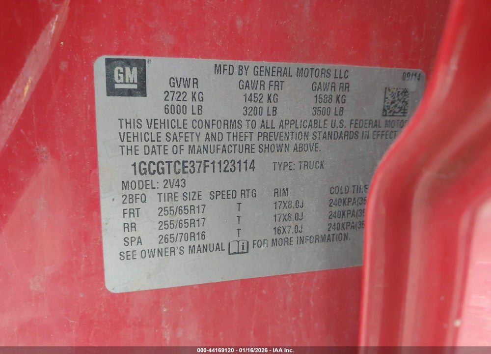 2015 CHEVROLET COLORADO Z71 VIN: 1GCGTCE37F1123114