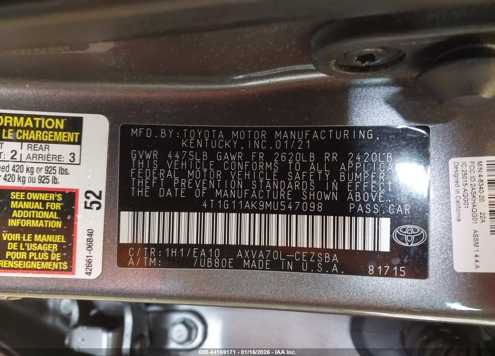 2021 TOYOTA CAMRY SE VIN: 4T1G11AK9MU547098