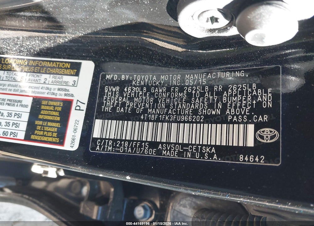 2015 TOYOTA CAMRY SE VIN: 4T1BF1FK3FU966202