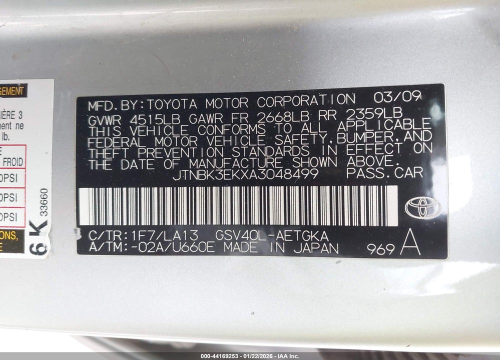 2010 TOYOTA CAMRY XLE V6 VIN: JTNBK3EKXA3048499