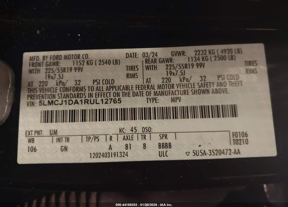2024 LINCOLN CORSAIR PREMIERE VIN: 5LMCJ1DA1RUL12765