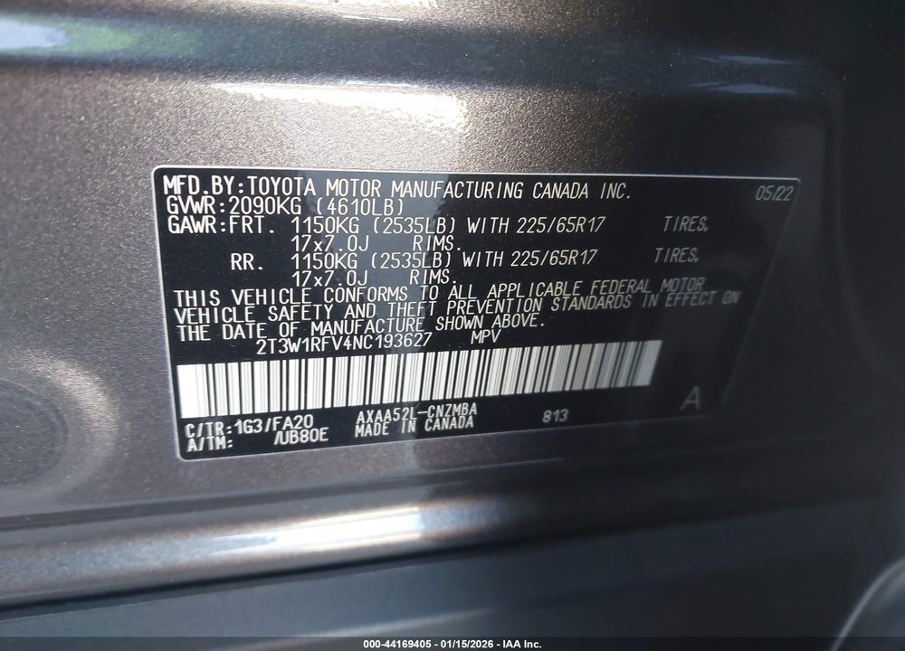 2022 TOYOTA RAV4 XLE VIN: 2T3W1RFV4NC193627