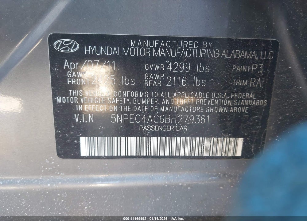 2011 HYUNDAI SONATA SE VIN: 5NPEC4AC6BH279361