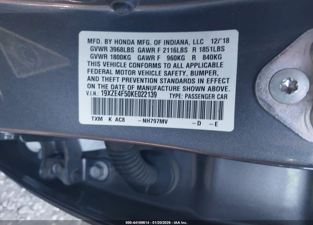 2019 HONDA INSIGHT EX VIN: 19XZE4F50KE022139