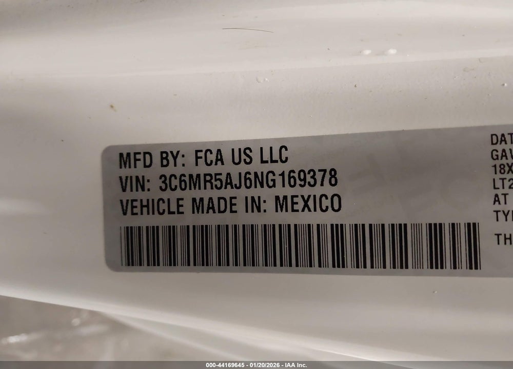 2022 RAM 2500 TRADESMAN  4X4 8' BOX VIN: 3C6MR5AJ6NG169378