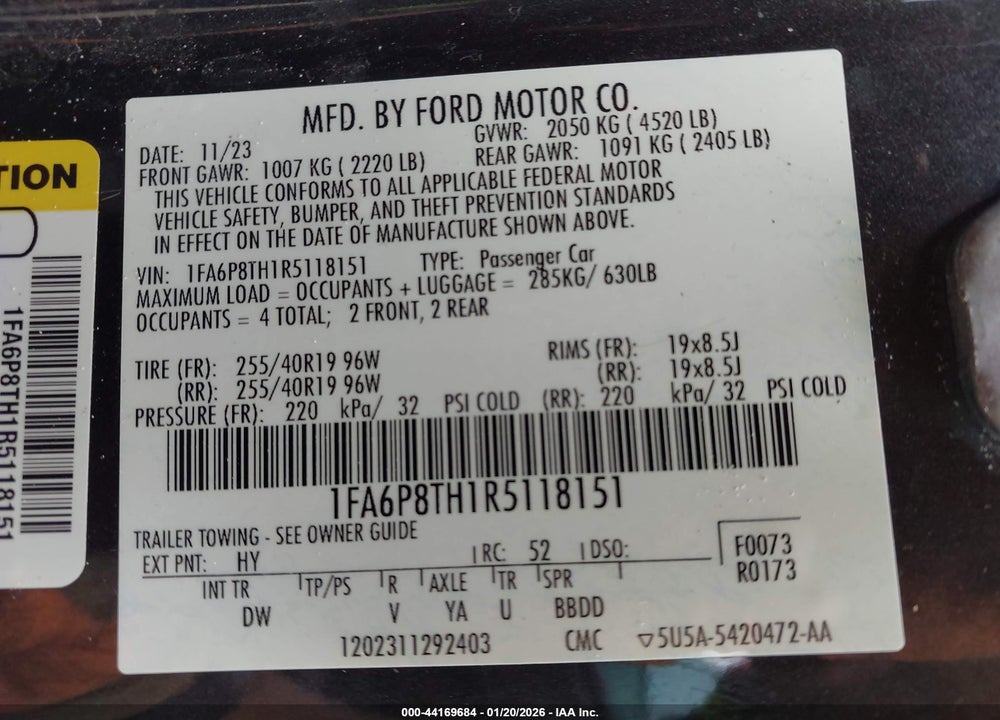 2024 FORD MUSTANG ECOBOOST FASTBACK VIN: 1FA6P8TH1R5118151