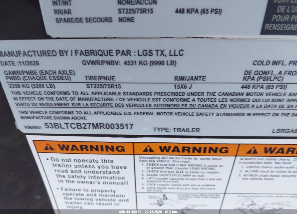 2021 LOOK LSRGA8.5X20TEFB 8.5X20 ENCLOSED VIN: 53BLTCB27MR003517