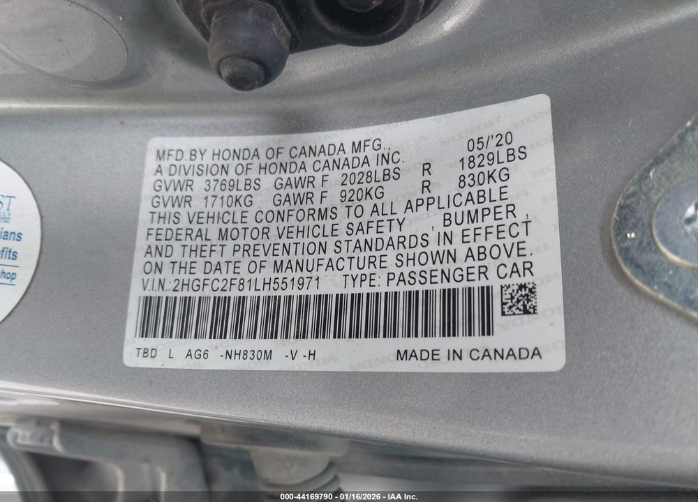 2020 HONDA CIVIC SPORT VIN: 2HGFC2F81LH551971