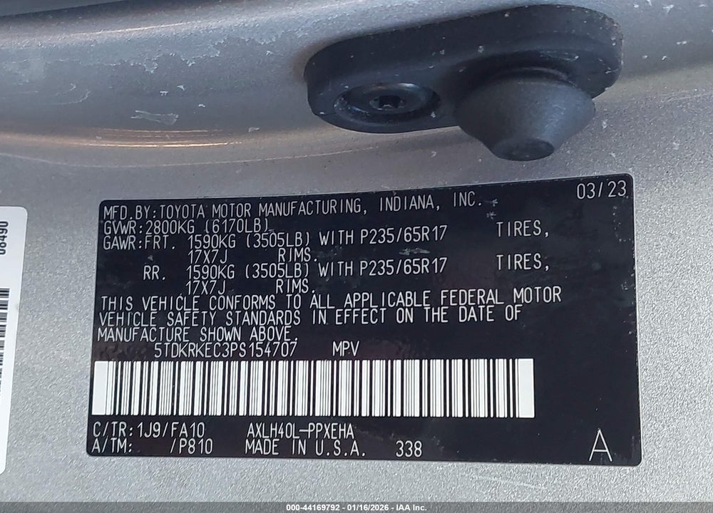 2023 TOYOTA SIENNA LE VIN: 5TDKRKEC3PS154707