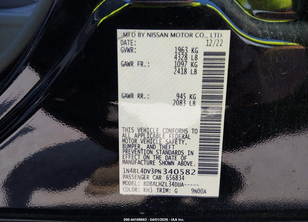 2023 NISSAN ALTIMA SV FWD VIN: 1N4BL4DV3PN340582