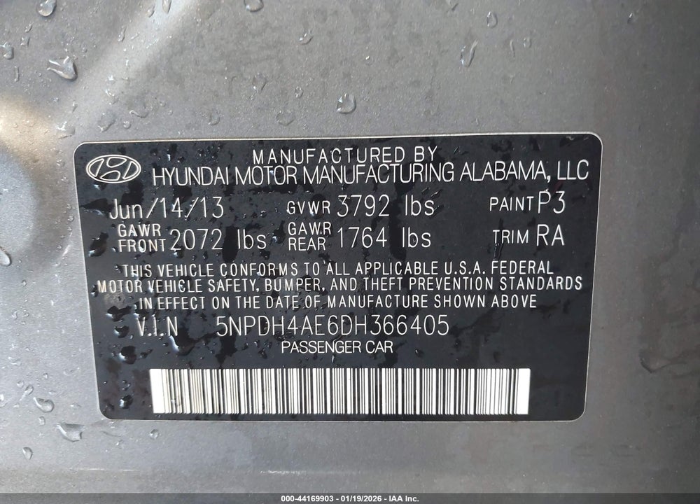 2013 HYUNDAI ELANTRA GLS VIN: 5NPDH4AE6DH366405