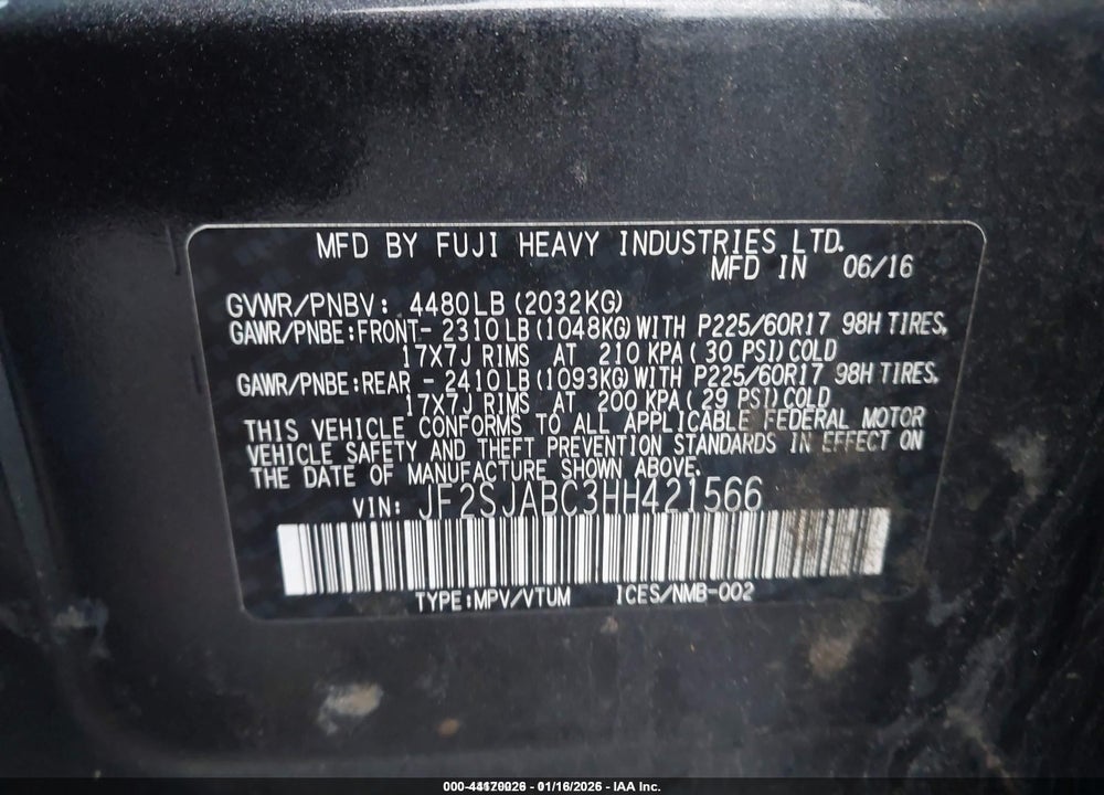 2017 SUBARU FORESTER 2.5I VIN: JF2SJABC3HH421566
