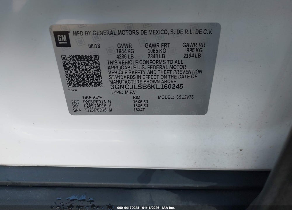 2019 CHEVROLET TRAX LT VIN: 3GNCJLSB6KL160245