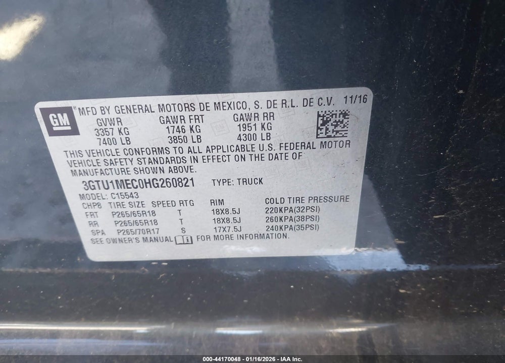 2017 GMC SIERRA 1500 SLE VIN: 3GTU1MEC0HG260821