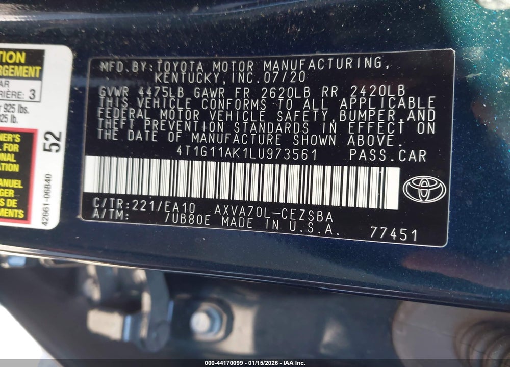 2020 TOYOTA CAMRY SE VIN: 4T1G11AK1LU973561